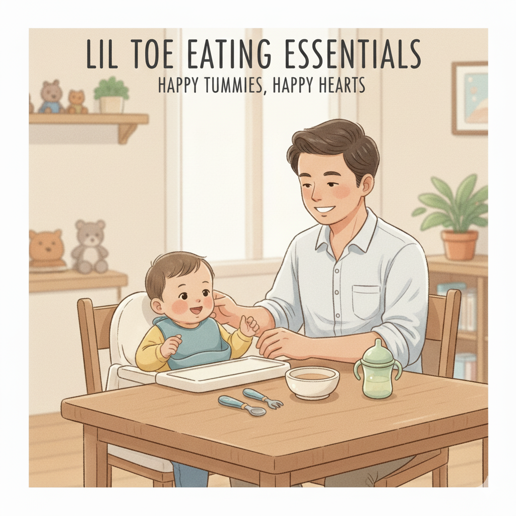 Illustration of a father and child at a dining table with text 'LIL TOE EATING ESSENTIALS' and 'Happy Tummies, Happy Hearts'.