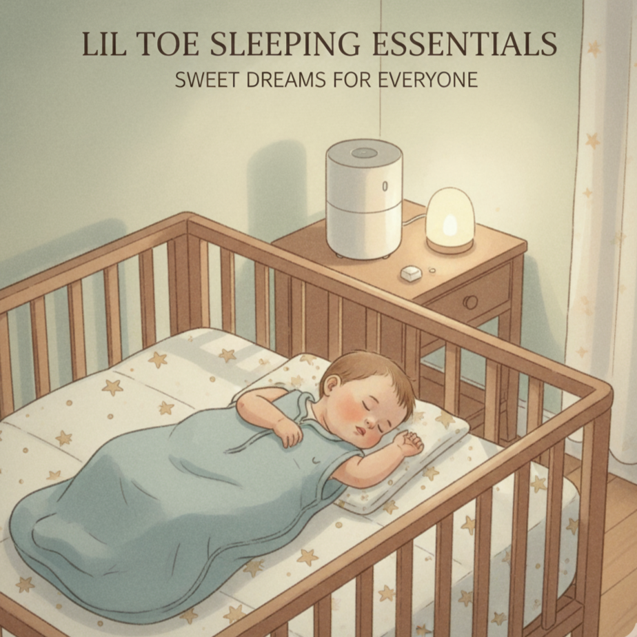 Illustration of a baby sleeping in a crib with a humidifier and night light, labeled 'LIL TOE SLEEPING ESSENTIALS'.