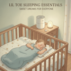 Illustration of a baby sleeping in a crib with a humidifier and night light, labeled 'LIL TOE SLEEPING ESSENTIALS'.